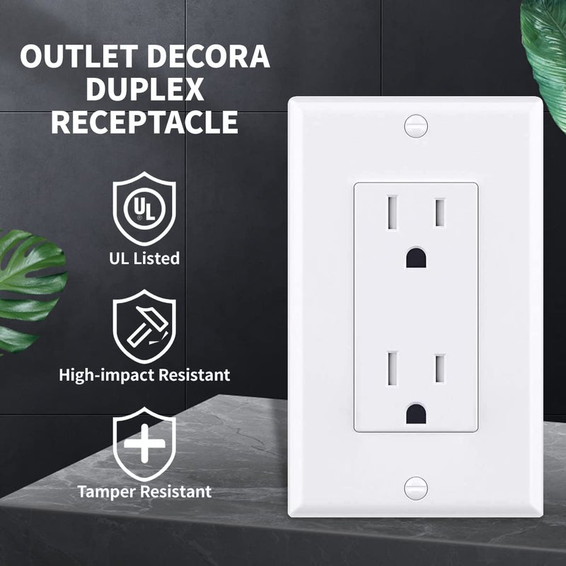 micmi Outlet Socket, Decorator Receptacle, 15 Amp, 125 Volt, Tamper Resistant, TR Grounding with Wall Plates UL Listed White 50pack (15A) - Image 2